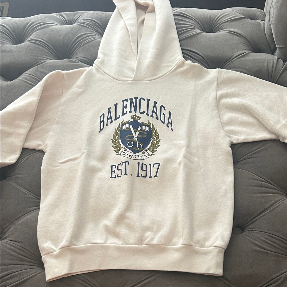 Boys Balenciaga Cream Hoodie with Blue Crest